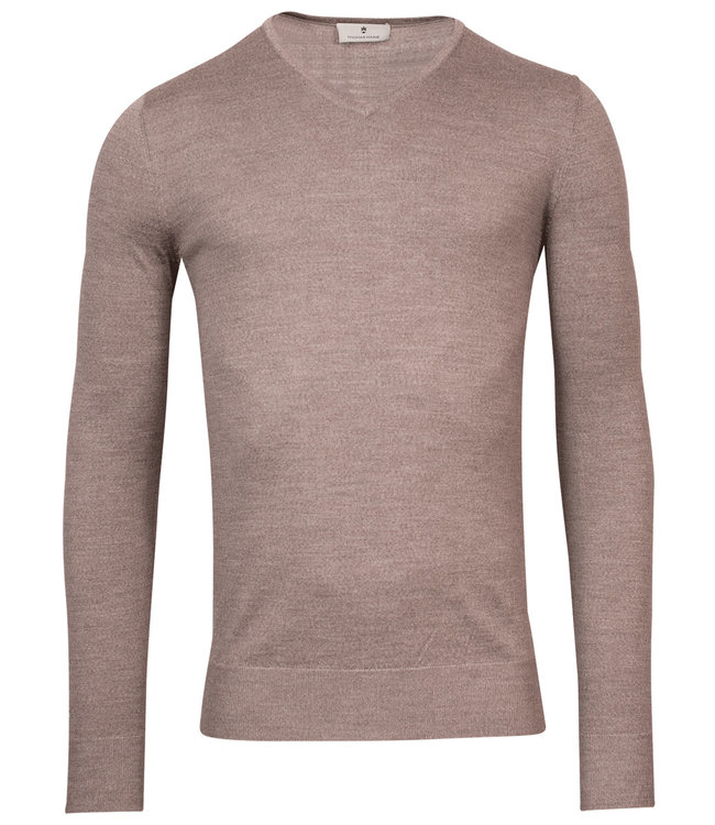 Thomas Maine 3181TM100-83 heren donker zand melange v-hals trui merino wol
