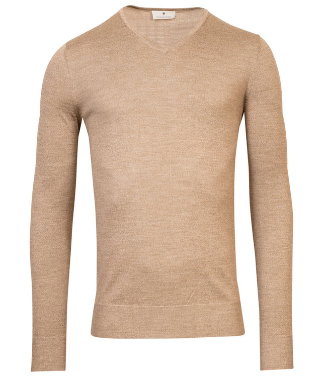 3181TM100 82 Thomas Maine heren zand v hals trui merino wol Shirtsupplier