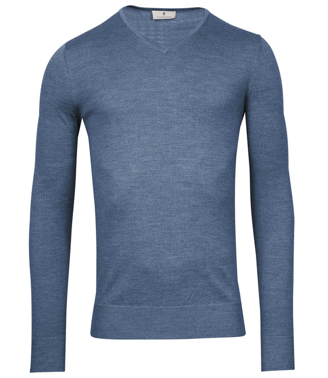 Thomas Maine 3181TM100-63 heren jeans blauw v-hals trui merino wol