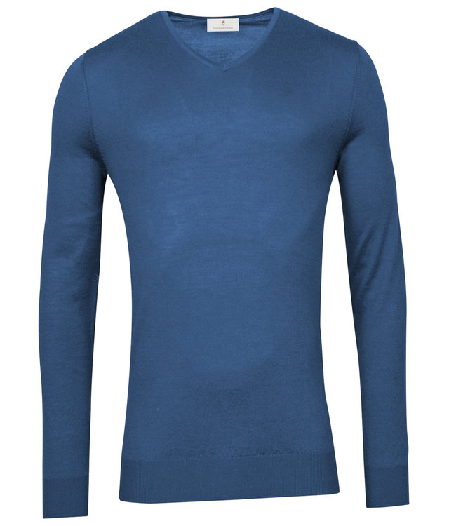 Thomas Maine 3181TM100-65 heren blauw v-hals trui merino wol