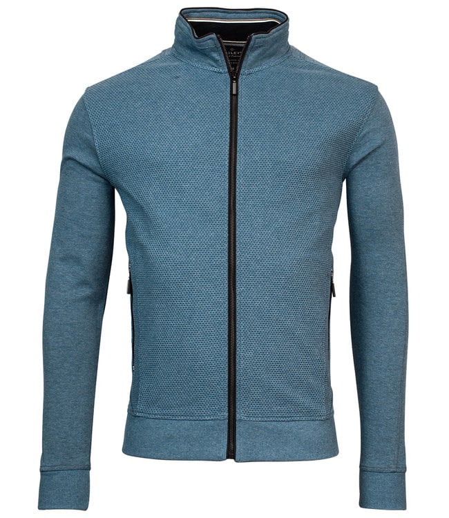 312216-635 heren sweat vest jeans blauw melange ritsen en zakken