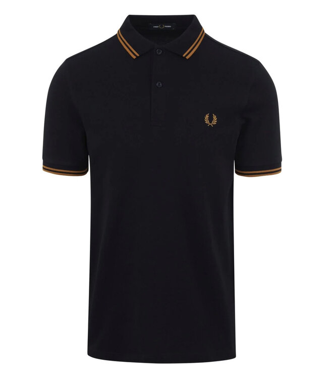 Fred Perry M3600 R63 Twin Tipped polo donkerblauw met camel bruin logo