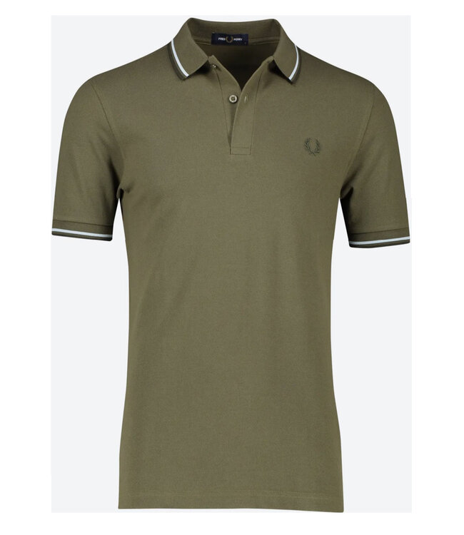 Fred Perry M3600 kleur R67 Twin Tipped polo olijfgroen met groen logo