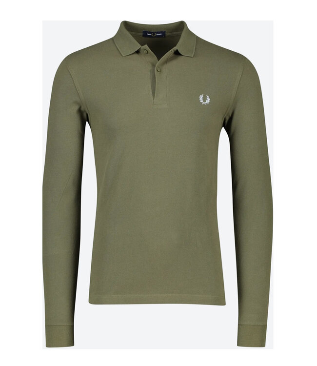 Fred Perry M6006 kleur R79 Fred Perry PLAIN polo lange mouw olijfgroen met lichtblauw logo