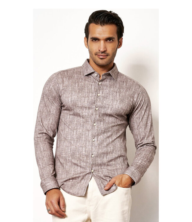 Desoto 63628-3 855 bruin structuur linnen look print wide spread kent jersey overhemd