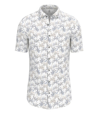 Desoto overhemd korte mouw wit met taupe blauw palmbomen print