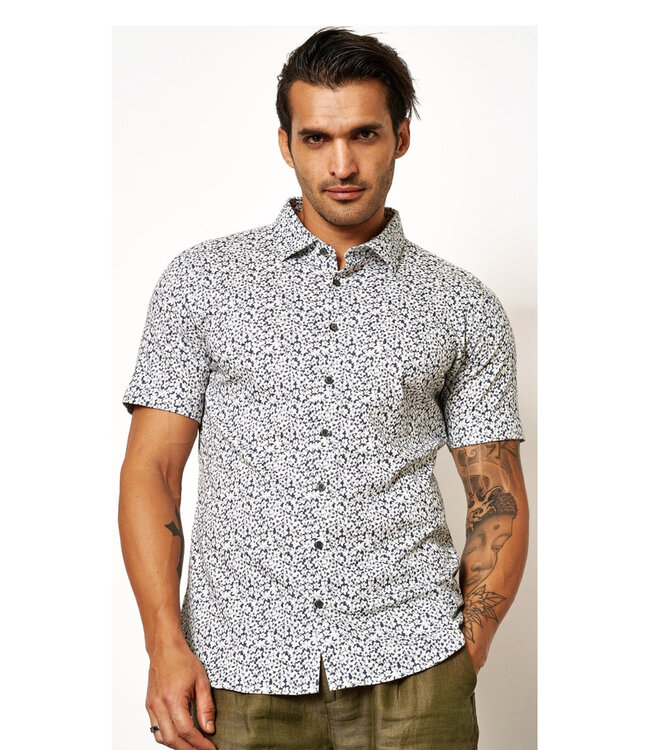 Desoto 63432-3 617 korte mouw overhemd wit met zwart grijs geel bloemenprint