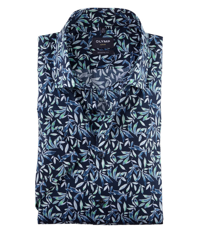 Olymp 1273 32 40 korte mouw overhemd donkerblauw groen blaadjes print