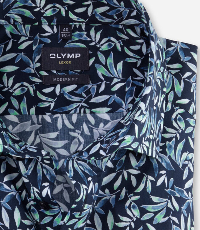Olymp 1273 32 40 korte mouw overhemd donkerblauw groen blaadjes print