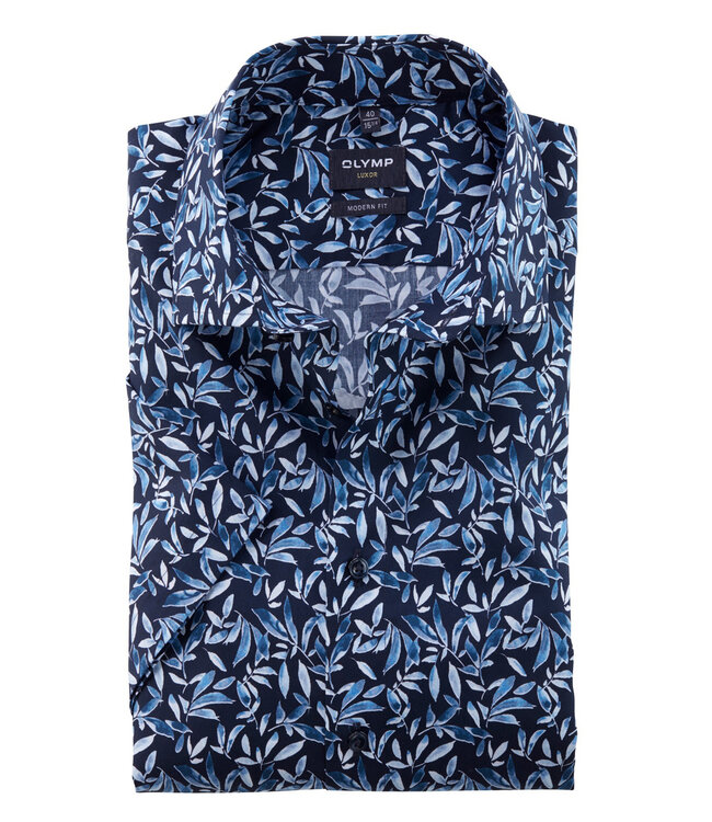 Olymp 1251 32 11 korte mouw overhemd donkerblauw kobaltblauw blaadjes print