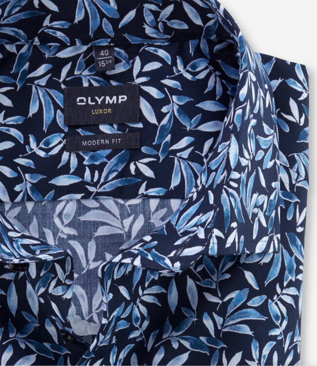 Olymp 1251 32 11 korte mouw overhemd donkerblauw kobaltblauw blaadjes print