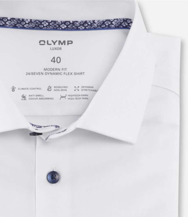 Olymp 1336 strijkvrij korte mouw overhemd wit stretch met donkerblauwe knopen