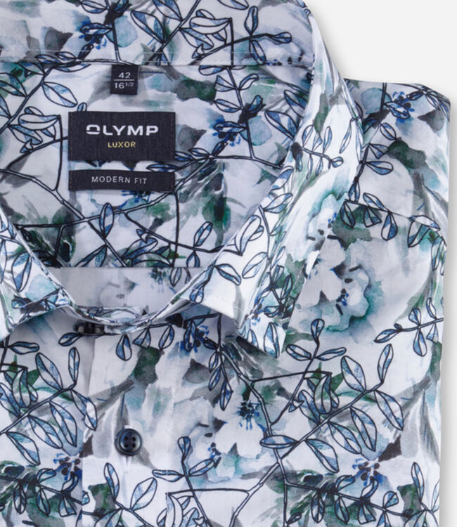 Olymp 1259 32 85 heren overhemd korte mouw donkerblauw groen bloemen print
