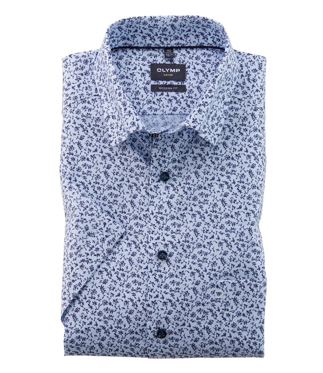 Olymp 1257 32 11 heren overhemd korte mouw lichtblauw donkerblauw bloemen print