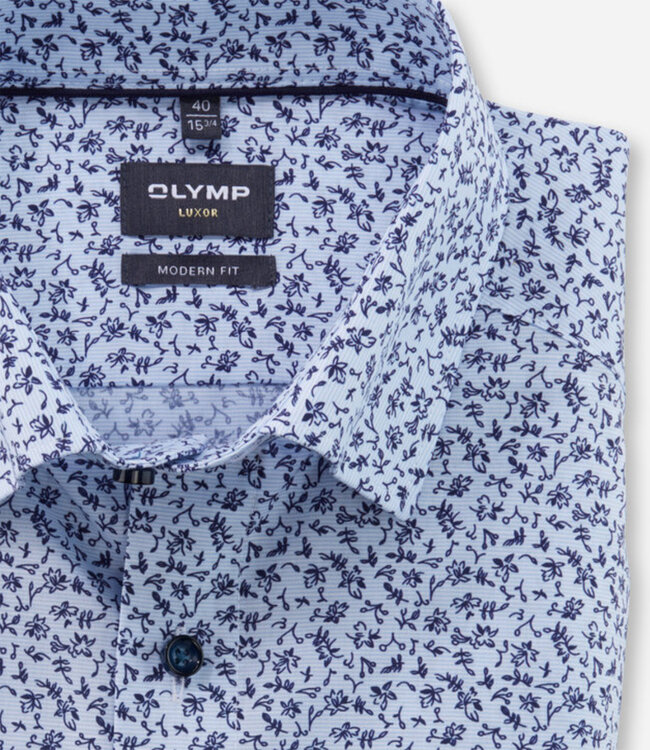 Olymp 1257 32 11 heren overhemd korte mouw lichtblauw donkerblauw bloemen print