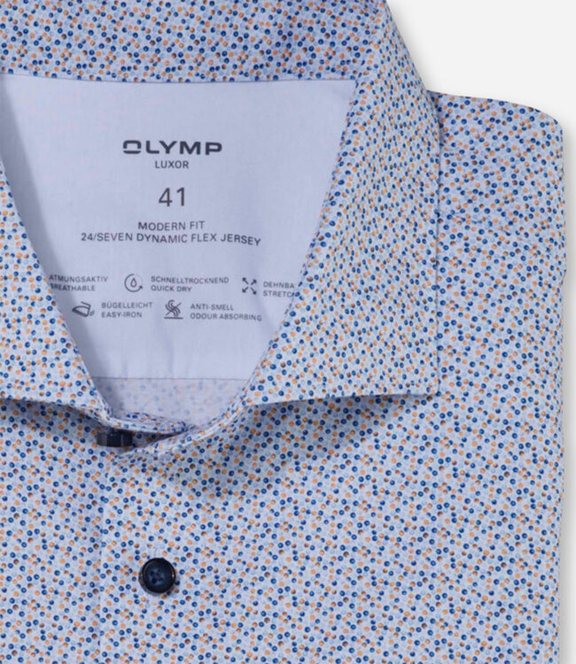 Olymp 1223 32 82 strijkvrij overhemd korte mouw lichtblauw donkerblauw oranje print
