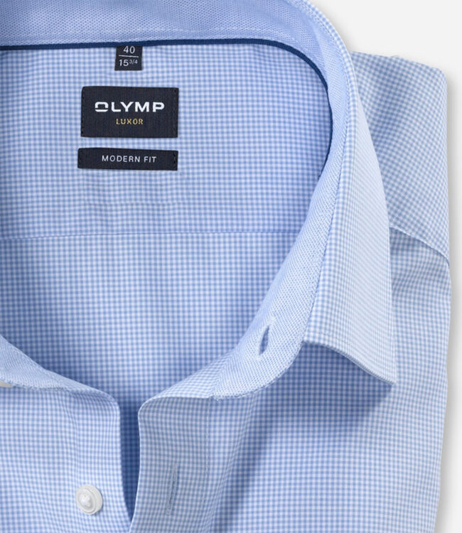 Olymp 3390 12 11 lichtblauw-wit ruitje strijkvrij Olymp Modern Fit heren overhemd korte mouw