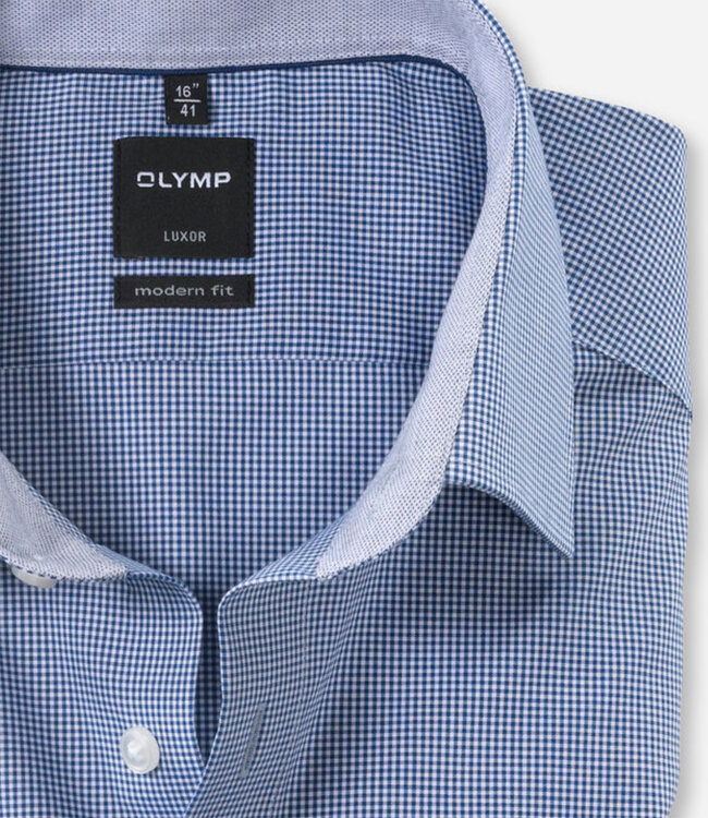 Olymp 3390 12 19 donkerblauw-wit ruitje strijkvrij Olymp Modern Fit heren overhemd korte mouw