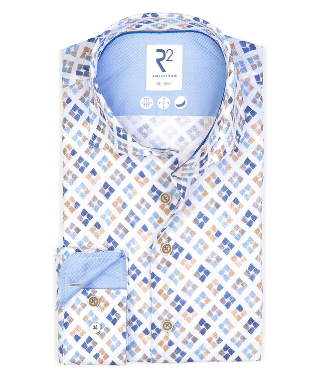 R2 Amsterdam 120.WSP.029 overhemd wit bruin blauw grafische print