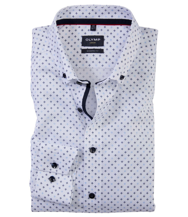 Olymp 1334 34 11 wit blauwe print heren strijkvrij overhemd button down