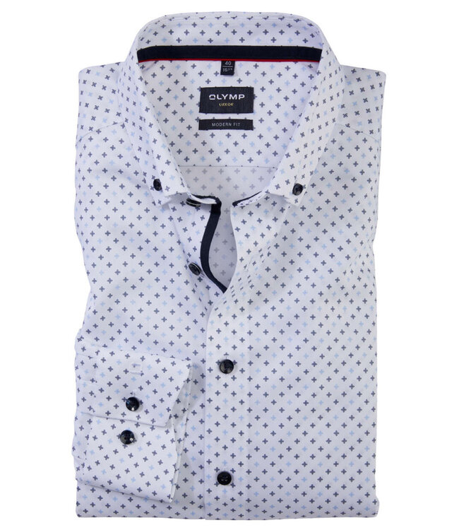 Olymp strijkvrij overhemd wit blauw print button down