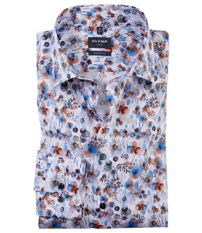 Olymp 1292 34 91 overhemd wit met donkerblauw blauw brique bloemenprint