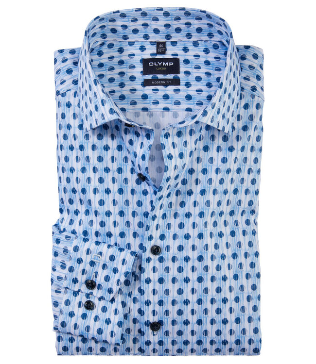 Olymp 1318 34 11  strijkvrij heren overhemd  wit lichtblauw donkerblauw print