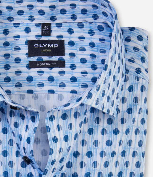 Olymp 1318 34 11  strijkvrij heren overhemd  wit lichtblauw donkerblauw print