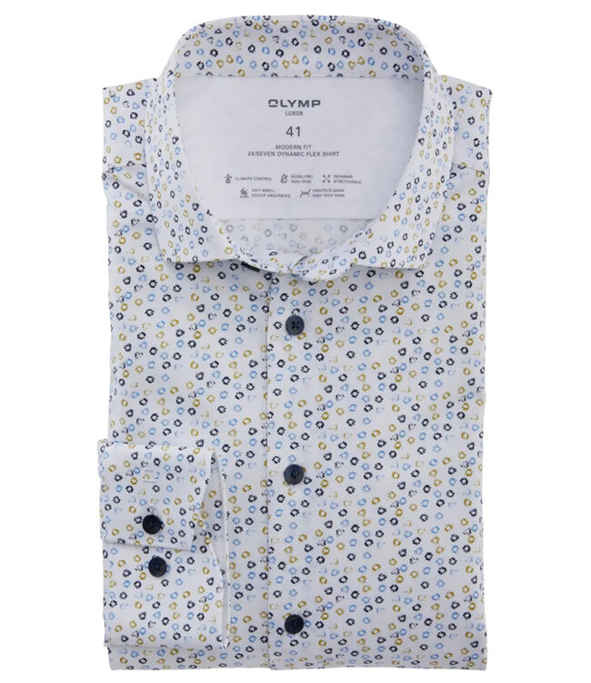 Olymp 1238 34 44 strijkvrij heren overhemd wit groen blauw print