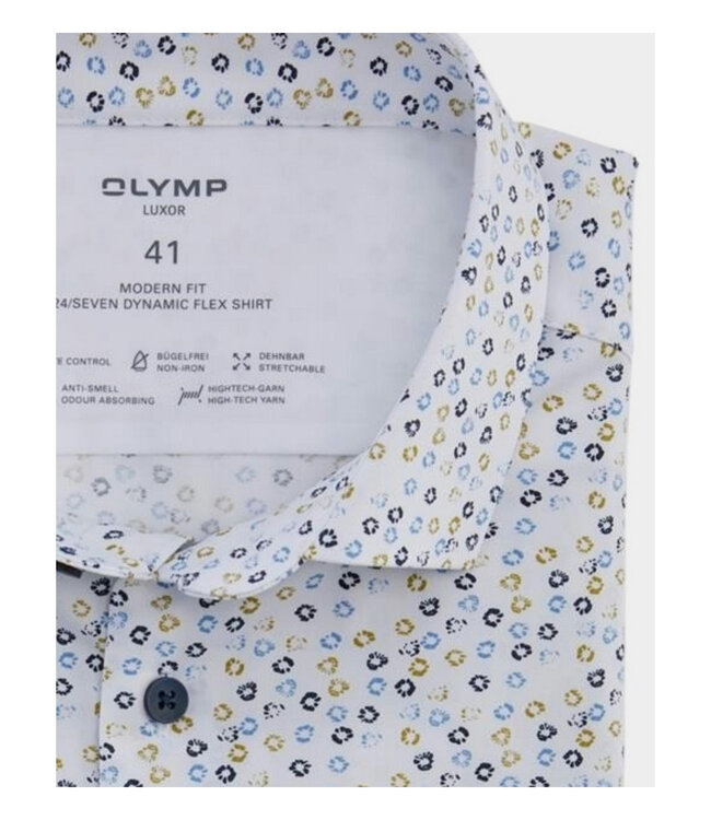 Olymp 1238 34 44 strijkvrij heren overhemd wit groen blauw print