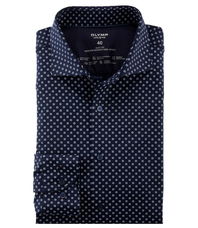 Olymp 2024 34 18 strijkvrij overhemd donkerblauw wit print 1knoops cut away