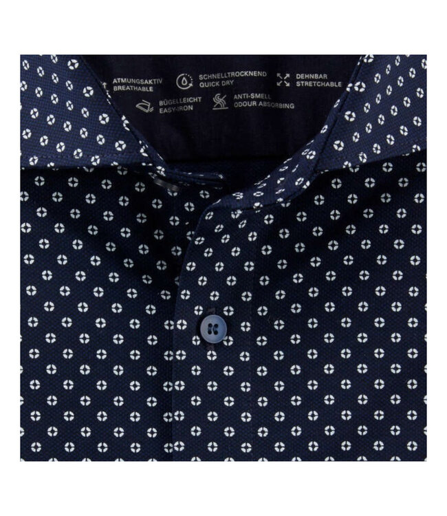 Olymp 2024 34 18 strijkvrij overhemd donkerblauw wit print 1knoops cut away
