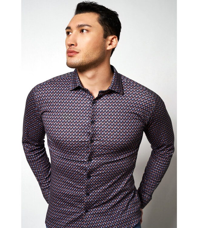 Desoto 68228-3 596 heren overhemd donkerblauw rood  oranje grafische print