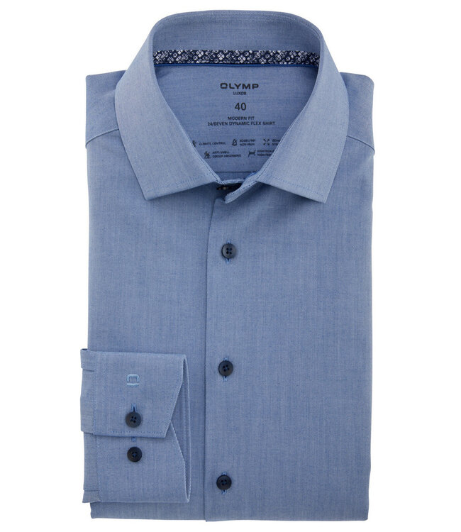 Olymp 1336 34 19 strijkvrij overhemd blauw stretch met donkerblauwe knopen