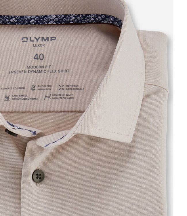 Olymp 1336 34 22 strijkvrij overhemd beige stretch met donkerbruine knopen