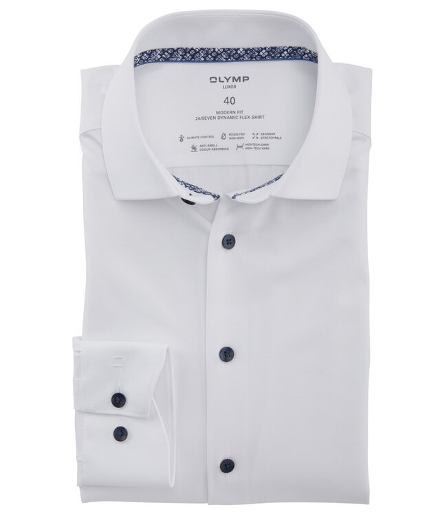 Olymp 1336 39 00 strijkvrij overhemd wit stretch met donkerblauwe knopen mouwlengte 7