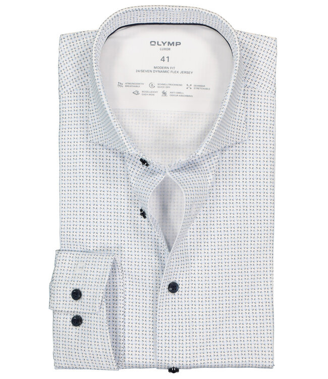 Olymp 1221 24 11 strijkvrij overhemd wit lichtblauw donkerblauw print stretch