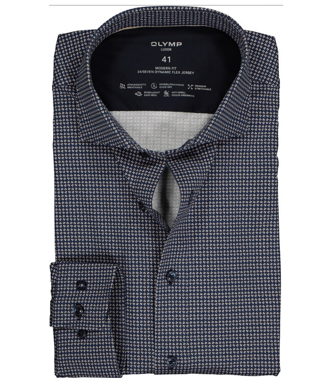 Olymp 1221 24 22 strijkvrij overhemd donkerblauw bruin wit print stretch