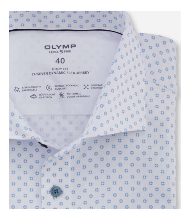 Olymp 2024 34 00 strijkvrij overhemd wit blauw print 1knoops cut away
