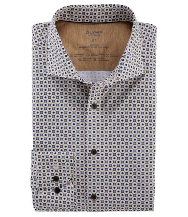 Olymp 2012 34 22 strijkvrij overhemd bruin beige donkerblauw retro print