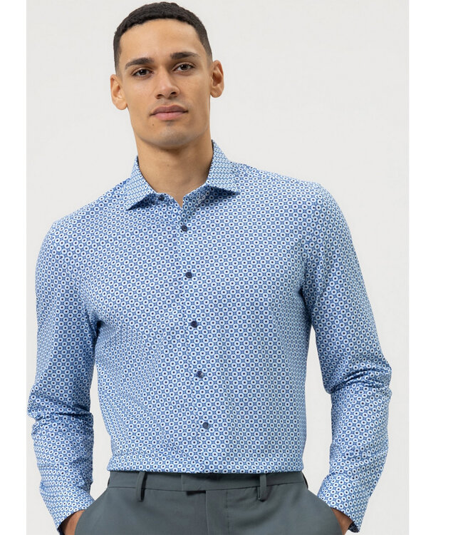 Olymp 2012 34 11 strijkvrij overhemd blauw donkerblauw retro print