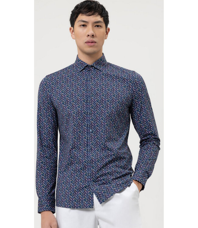 Olymp 2000 34 18 strijkvrij overhemd donkerblauw gekleurde feest print