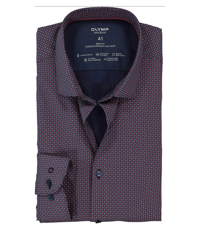 Olymp 2049 24 35  strijkvrij overhemd donkerblauw rood print stretch body fit