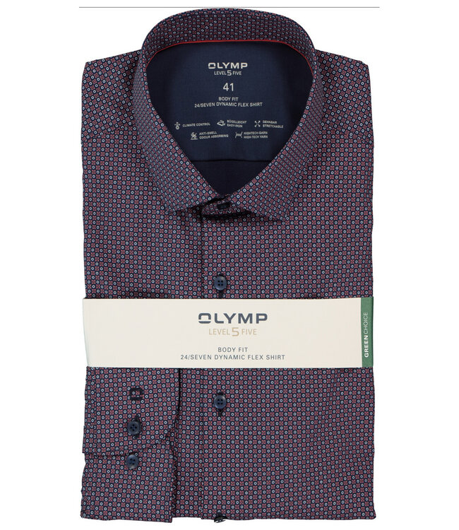 Olymp 2049 24 35  strijkvrij overhemd donkerblauw rood print stretch body fit