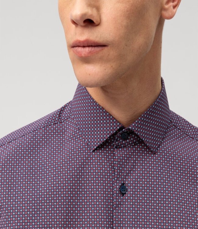 Olymp 2049 24 35  strijkvrij overhemd donkerblauw rood print stretch body fit