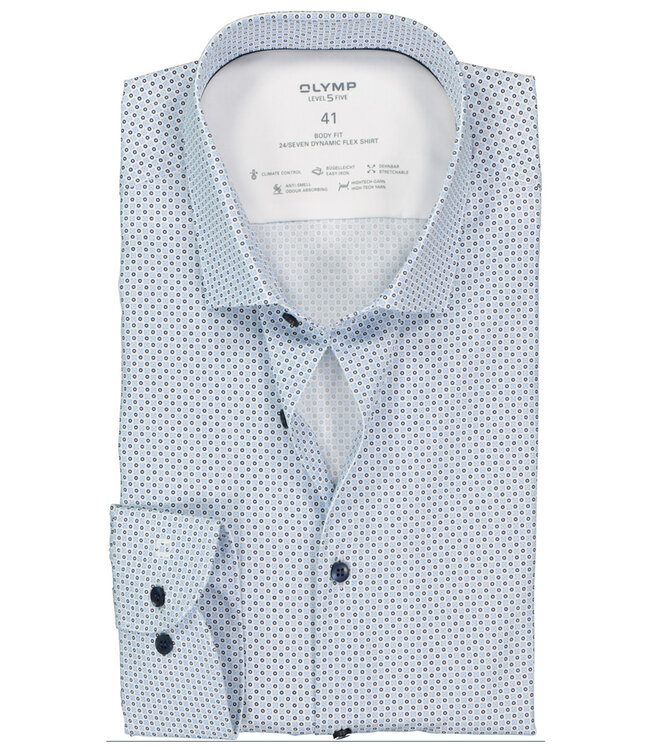 2049 24 11  strijkvrij overhemd lichtblauw donkerblauw print stretch body fit