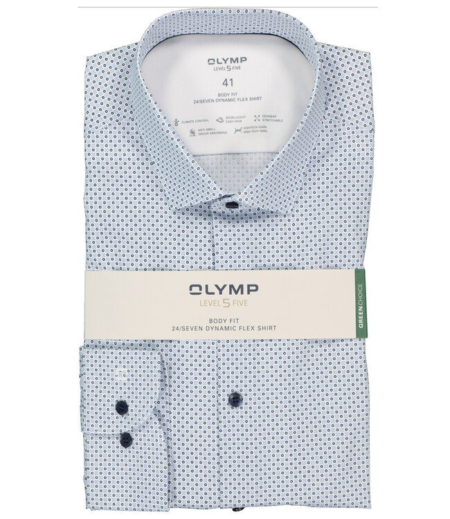 2049 24 11  strijkvrij overhemd lichtblauw donkerblauw print stretch body fit