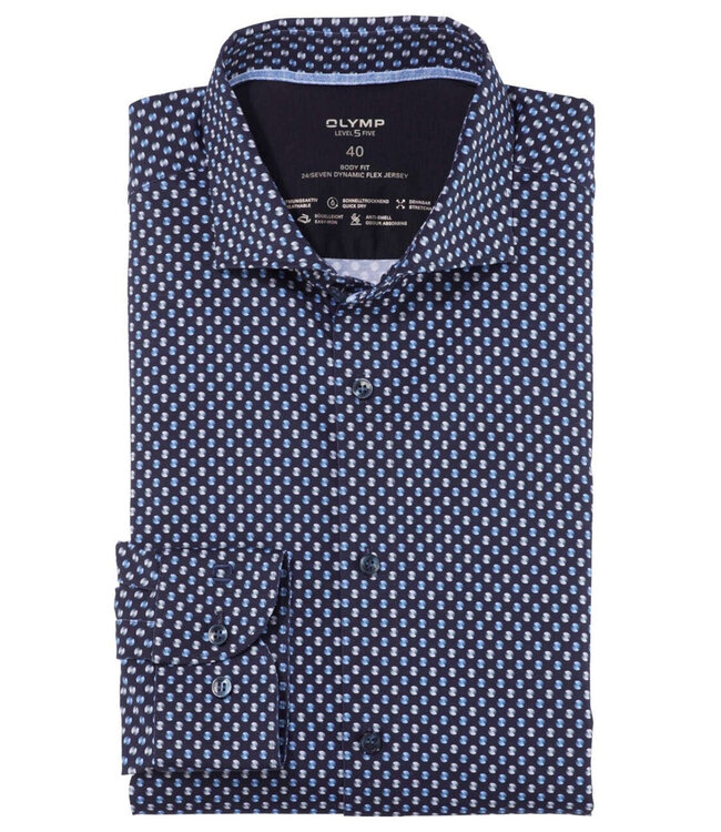 Olymp 2015 34 18 strijkvrij overhemd  donkerblauw blauw print jersey stretch