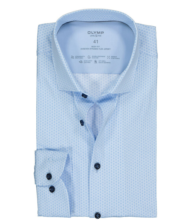 Olymp 2034 34 11 strijkvrij overhemd  blauw print jersey stretch