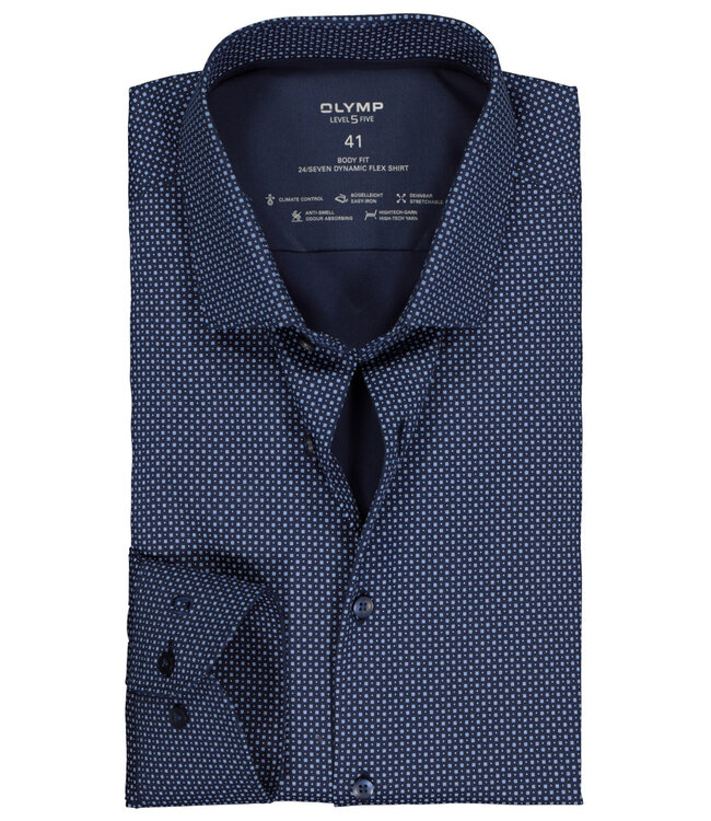 Olymp 2062 34 18 body fit strijkvrij overhemd donkerblauw blauw print